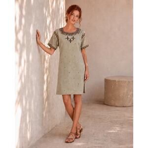 Handmade Raw Silk Hand Embroidered Midi Dress Celadon Sage-Tan‎ Artisan Boho S/M